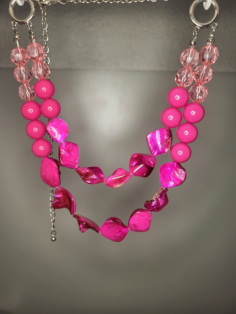 Pink Shell Beaded Statement Necklace Multi Strand Chunky Y2K